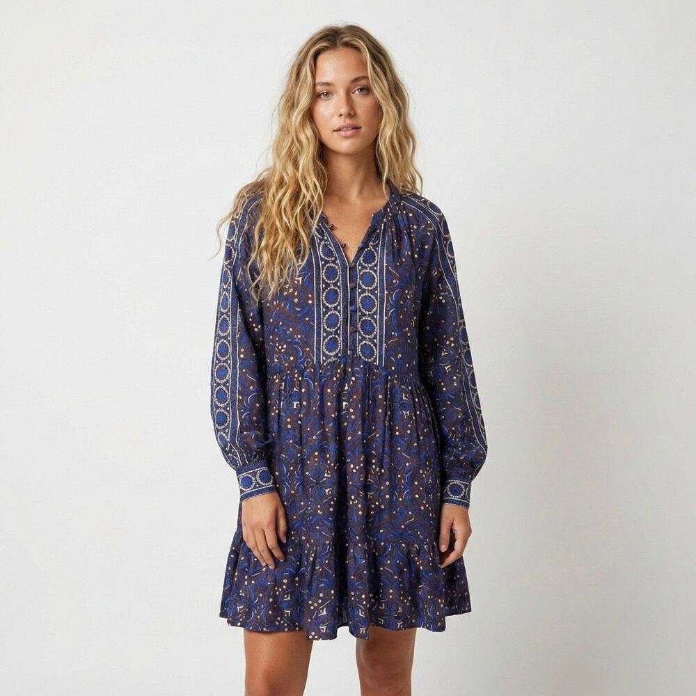 XiRENA Blue Floral Silk Blend Tiered Mini Dress Small Boho Coastal Long Sleeve